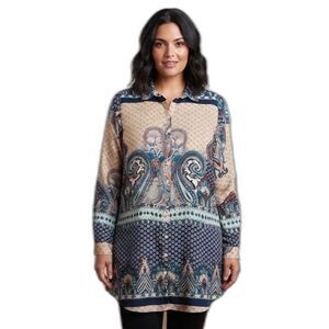 Parisian Collection paisley long shirt tunic dress size 16 blue cream NWOT
